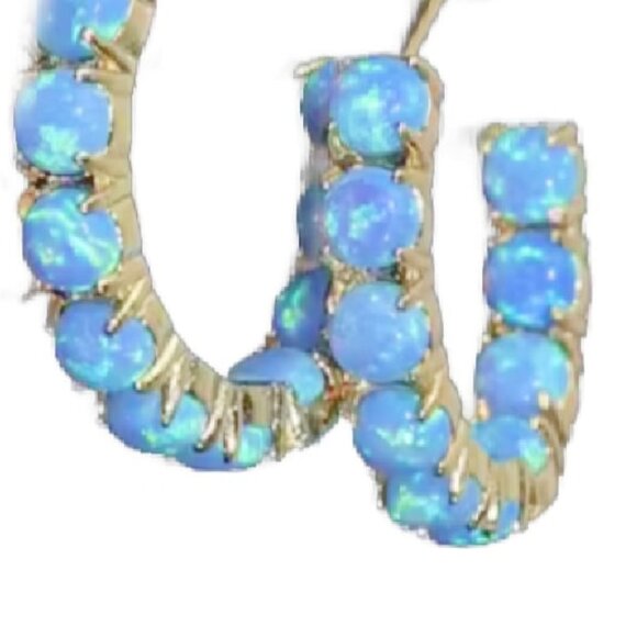Beautiful Blue Opal Simulated 18k gold plated hoop pierced earrings - Picture 2 of 3